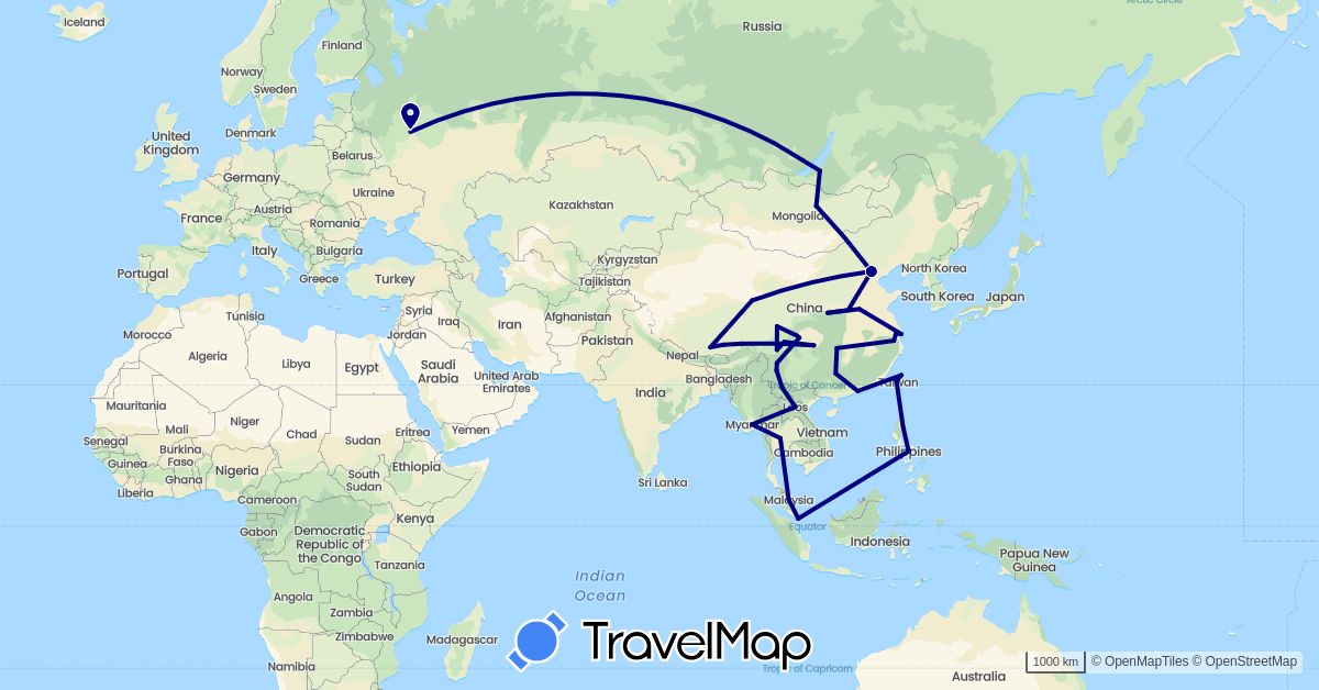 TravelMap itinerary: driving in China, Laos, Myanmar (Burma), Mongolia, Malaysia, Philippines, Russia, Singapore, Thailand, Taiwan (Asia, Europe)